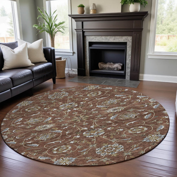 HomeRoots 8' Stylish Rust Gray and Ivory Moroccan Round Rug – Washable, UV Protected, Ideal for High-Traffic Areas 686828