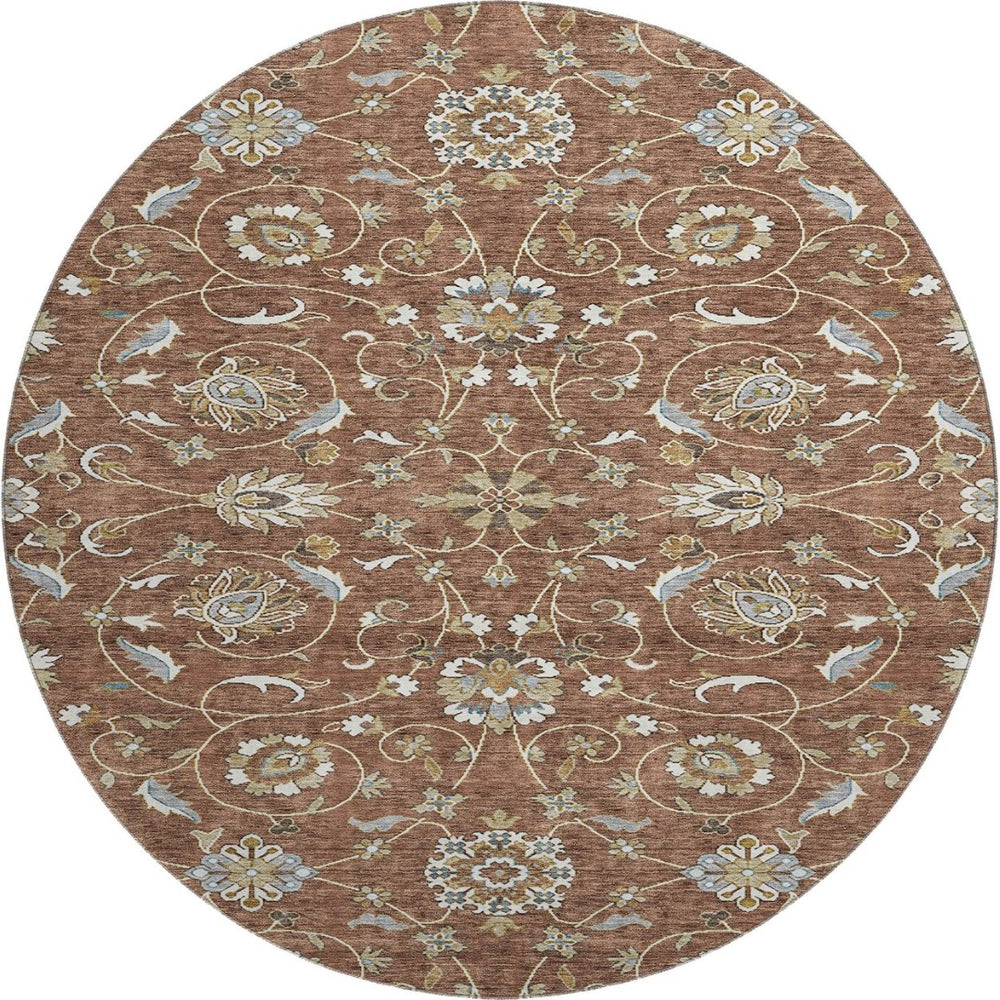 HomeRoots 8' Stylish Rust Gray and Ivory Moroccan Round Rug – Washable, UV Protected, Ideal for High-Traffic Areas 686828