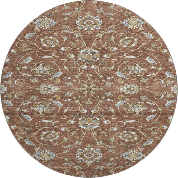 HomeRoots 8' Stylish Rust Gray and Ivory Moroccan Round Rug – Washable, UV Protected, Ideal for High-Traffic Areas 686828