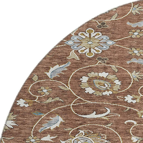 HomeRoots 8' Stylish Rust Gray and Ivory Moroccan Round Rug – Washable, UV Protected, Ideal for High-Traffic Areas 686828