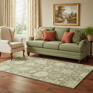 HomeRoots 5' X 8' Artichoke Green Floral Medallion Area Rug - Washable, UV Protected, Ideal for Family Living 686833
