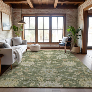 HomeRoots 5' X 8' Artichoke Green Floral Medallion Area Rug - Washable, UV Protected, Ideal for Family Living 686833