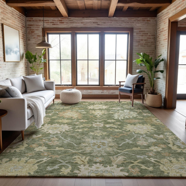HomeRoots 5' X 8' Artichoke Green Floral Medallion Area Rug - Washable, UV Protected, Ideal for Family Living 686833