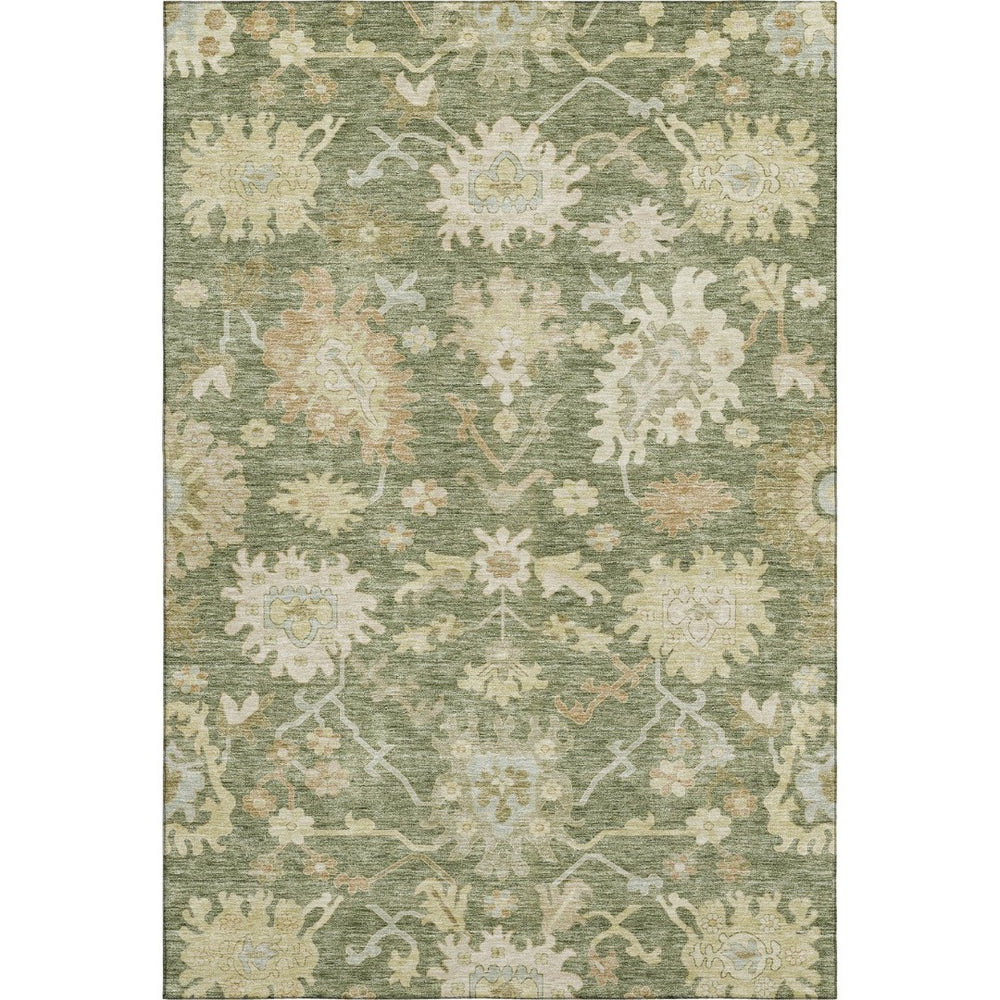HomeRoots 5' X 8' Artichoke Green Floral Medallion Area Rug - Washable, UV Protected, Ideal for Family Living 686833
