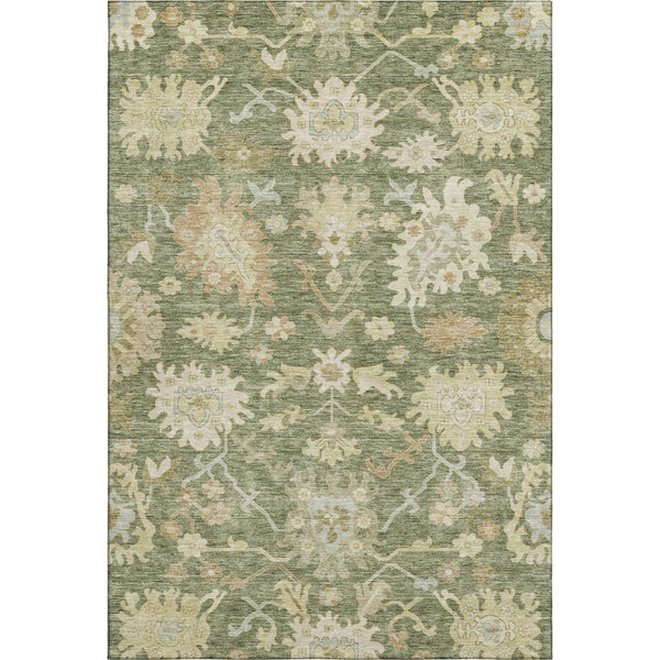 HomeRoots 5' X 8' Artichoke Green Floral Medallion Area Rug - Washable, UV Protected, Ideal for Family Living 686833