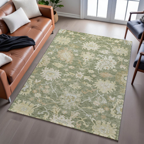 HomeRoots 5' X 8' Artichoke Green Floral Medallion Area Rug - Washable, UV Protected, Ideal for Family Living 686833