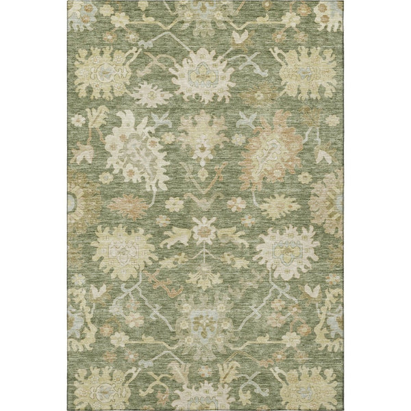 HomeRoots 5' X 8' Artichoke Green Floral Medallion Area Rug - Washable, UV Protected, Ideal for Family Living 686833