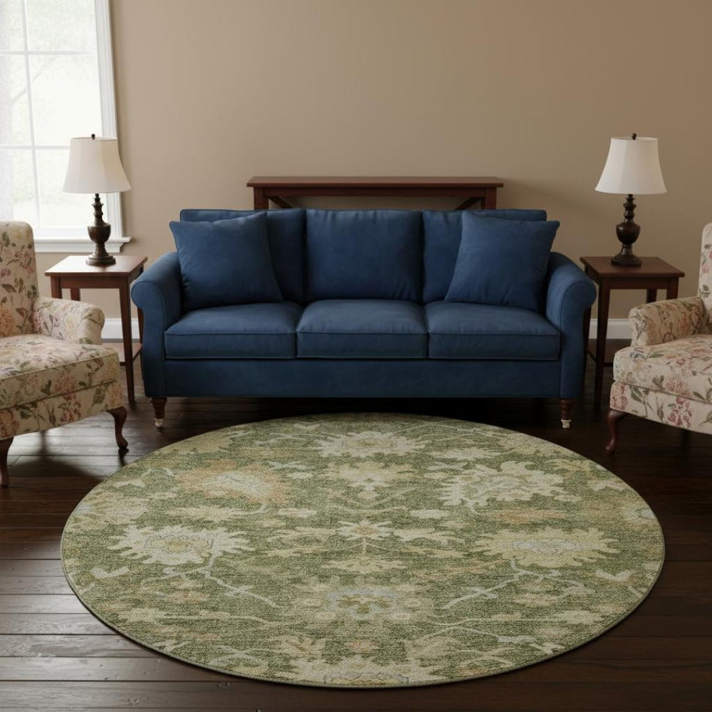HomeRoots 8' Elegant Artichoke Green & Copper Floral Medallion Washable Round Rug with UV Protection & Style 686834