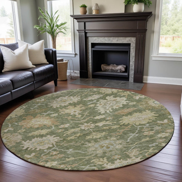 HomeRoots 8' Elegant Artichoke Green & Copper Floral Medallion Washable Round Rug with UV Protection & Style 686834