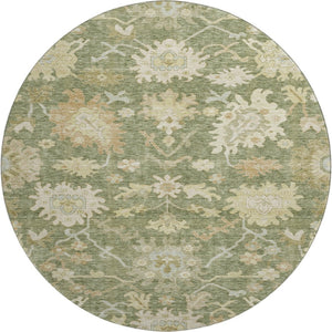HomeRoots 8' Elegant Artichoke Green & Copper Floral Medallion Washable Round Rug with UV Protection & Style 686834