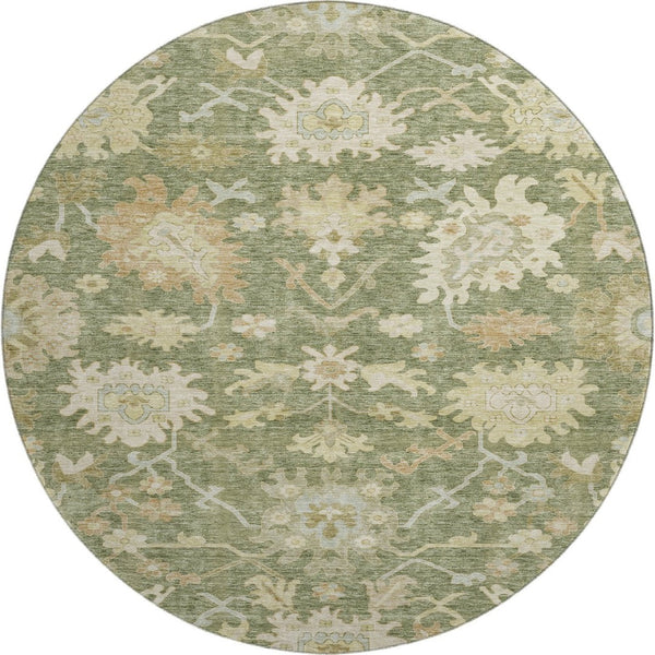HomeRoots 8' Elegant Artichoke Green & Copper Floral Medallion Washable Round Rug with UV Protection & Style 686834