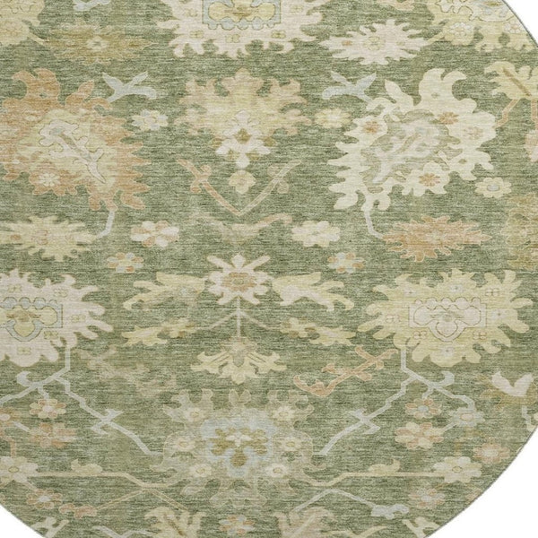 HomeRoots 8' Elegant Artichoke Green & Copper Floral Medallion Washable Round Rug with UV Protection & Style 686834