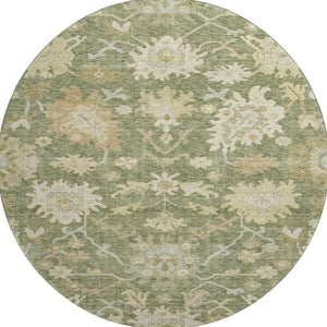 HomeRoots 8' Elegant Artichoke Green & Copper Floral Medallion Washable Round Rug with UV Protection & Style 686834