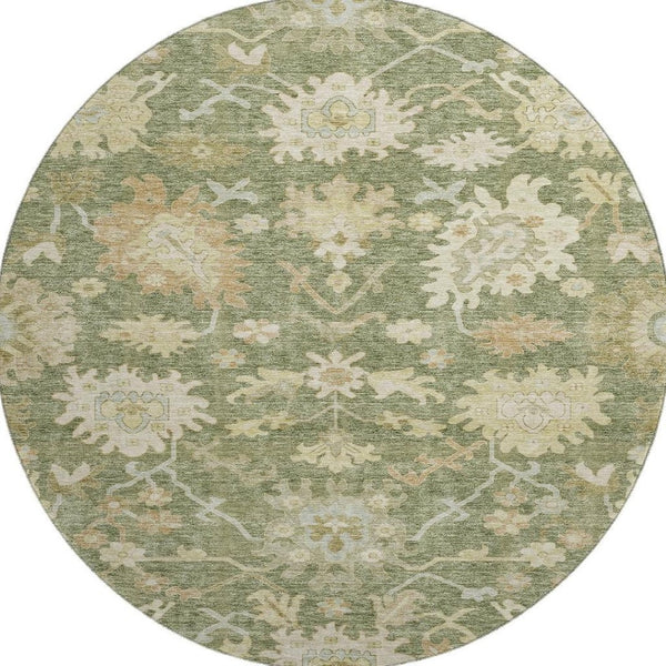 HomeRoots 8' Elegant Artichoke Green & Copper Floral Medallion Washable Round Rug with UV Protection & Style 686834
