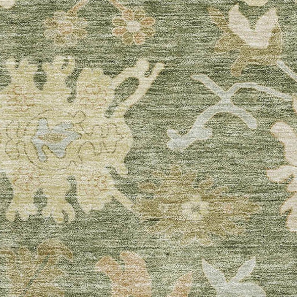 HomeRoots 8' X 10' Artichoke Green Floral Medallion Area Rug – Washable, Stain-Resistant, UV Protection, Durable 686835
