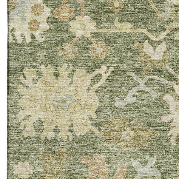 HomeRoots 8' X 10' Artichoke Green Floral Medallion Area Rug – Washable, Stain-Resistant, UV Protection, Durable 686835