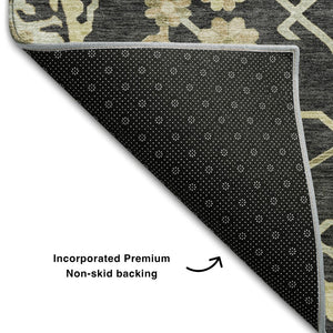 HomeRoots 5' X 8' Elegant Black, Beige & Gold Floral Medallion Area Rug - Washable, UV Protected & Stain-Resistant 686839