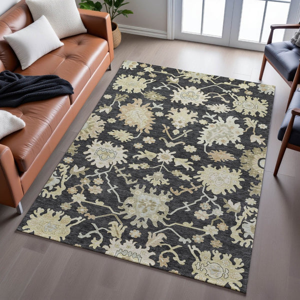 HomeRoots 5' X 8' Elegant Black, Beige & Gold Floral Medallion Area Rug - Washable, UV Protected & Stain-Resistant 686839