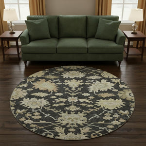HomeRoots 8' Elegant Black, Beige & Gold Floral Medallion Round Rug – Washable, UV Protected & Kid-Friendly! 686840