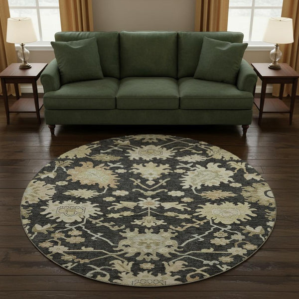 HomeRoots 8' Elegant Black, Beige & Gold Floral Medallion Round Rug – Washable, UV Protected & Kid-Friendly! 686840