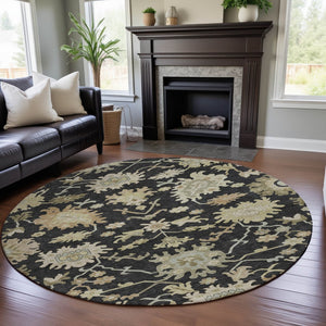 HomeRoots 8' Elegant Black, Beige & Gold Floral Medallion Round Rug – Washable, UV Protected & Kid-Friendly! 686840