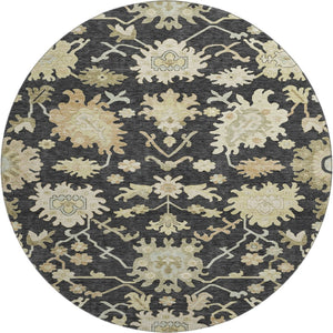 HomeRoots 8' Elegant Black, Beige & Gold Floral Medallion Round Rug – Washable, UV Protected & Kid-Friendly! 686840