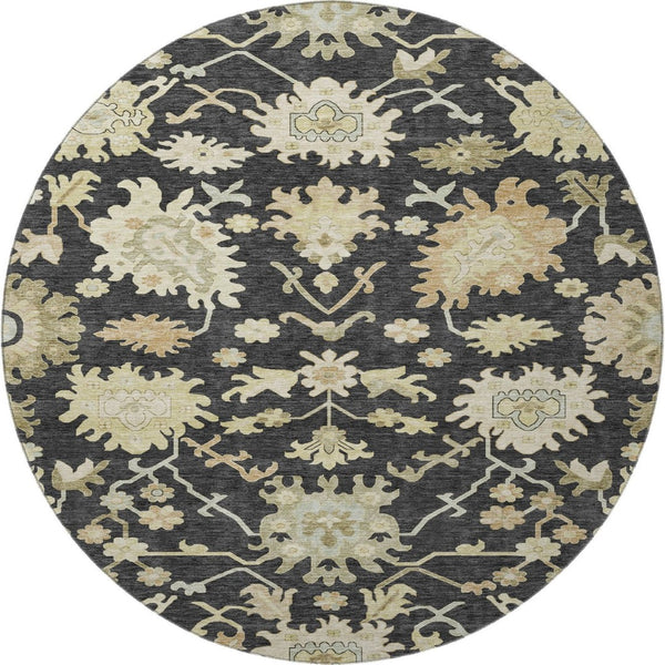HomeRoots 8' Elegant Black, Beige & Gold Floral Medallion Round Rug – Washable, UV Protected & Kid-Friendly! 686840