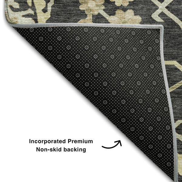 HomeRoots 8' X 10' Elegant Black Beige Gold Floral Medallion Area Rug - Washable, UV Protected, Stain Resistant 686841