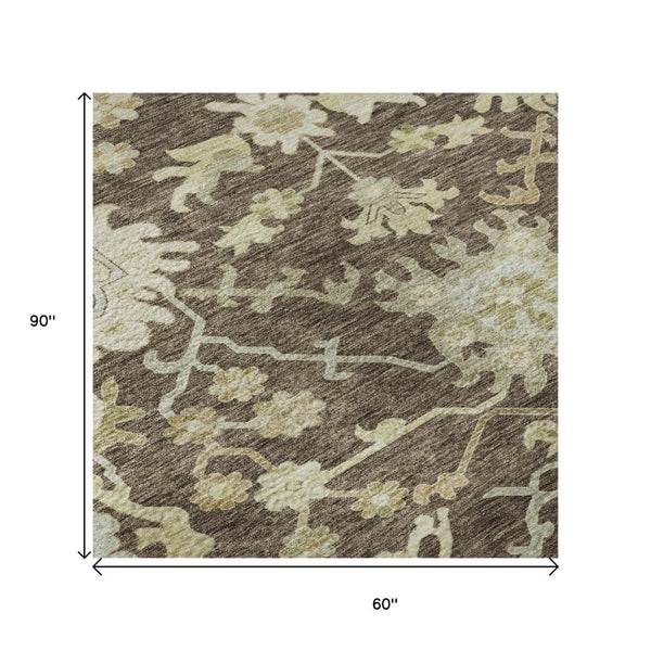 HomeRoots 5' X 8' Floral Medallion Area Rug in Chocolate Beige & Ivory – Washable, Stain Resistant, UV Protected 686845