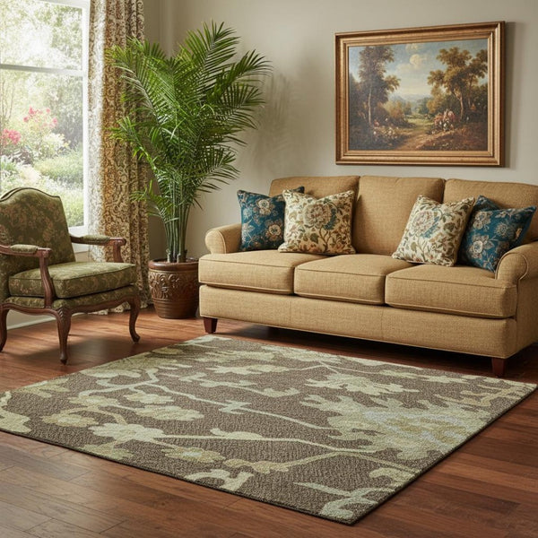 HomeRoots 5' X 8' Floral Medallion Area Rug in Chocolate Beige & Ivory – Washable, Stain Resistant, UV Protected 686845