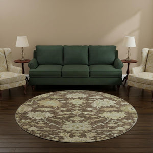 HomeRoots 8' Elegant Chocolate Beige Ivory Floral Medallion Washable Round Rug with UV Protection Benefits 686846