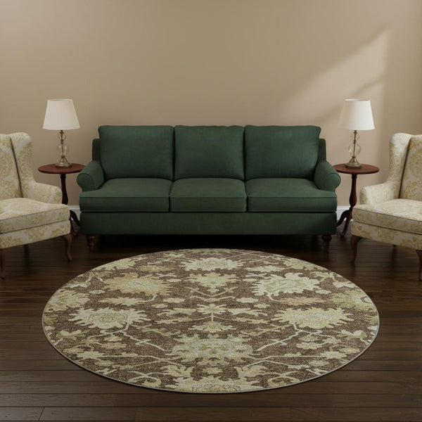 HomeRoots 8' Elegant Chocolate Beige Ivory Floral Medallion Washable Round Rug with UV Protection Benefits 686846