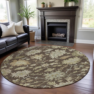HomeRoots 8' Elegant Chocolate Beige Ivory Floral Medallion Washable Round Rug with UV Protection Benefits 686846