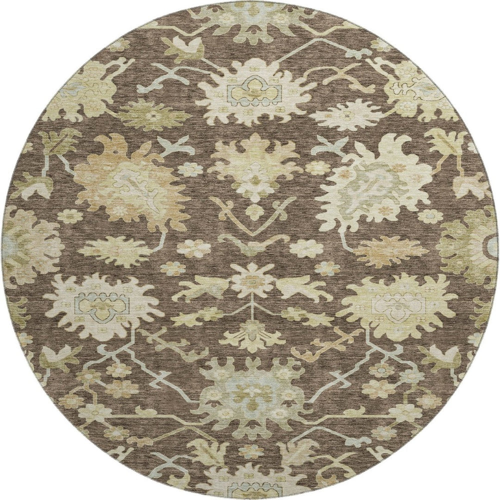 HomeRoots 8' Elegant Chocolate Beige Ivory Floral Medallion Washable Round Rug with UV Protection Benefits 686846
