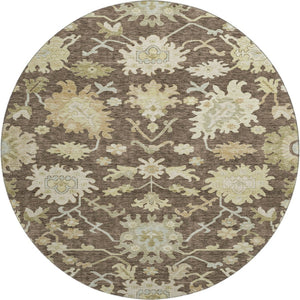 HomeRoots 8' Elegant Chocolate Beige Ivory Floral Medallion Washable Round Rug with UV Protection Benefits 686846