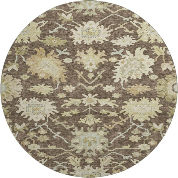 HomeRoots 8' Elegant Chocolate Beige Ivory Floral Medallion Washable Round Rug with UV Protection Benefits 686846