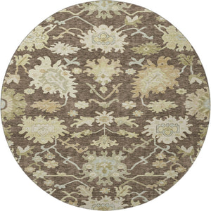 HomeRoots 8' Elegant Chocolate Beige Ivory Floral Medallion Washable Round Rug with UV Protection Benefits 686846