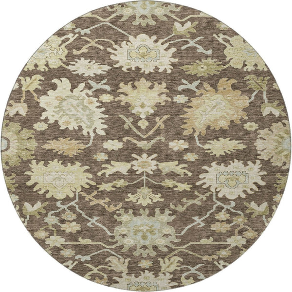 HomeRoots 8' Elegant Chocolate Beige Ivory Floral Medallion Washable Round Rug with UV Protection Benefits 686846