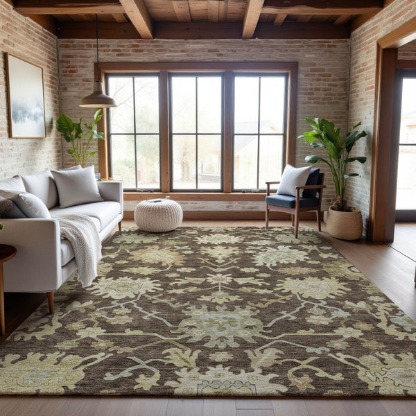 HomeRoots 10' X 14' Elegant Floral Medallion Area Rug in Chocolate Beige & Ivory - Washable & UV Protected! 686849