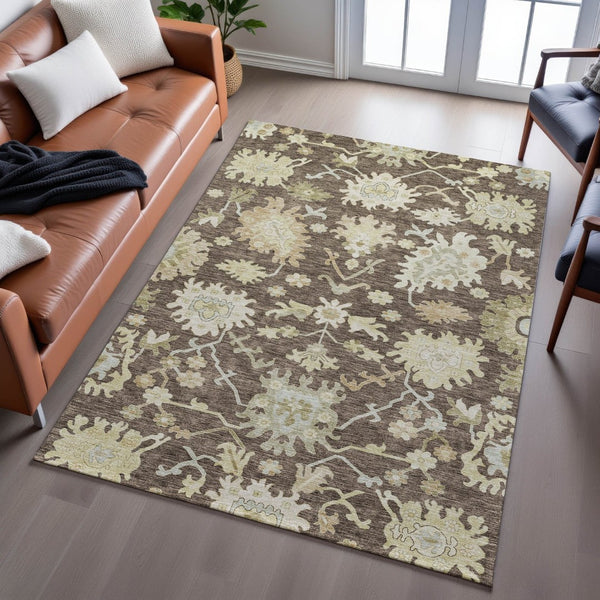HomeRoots 10' X 14' Elegant Floral Medallion Area Rug in Chocolate Beige & Ivory - Washable & UV Protected! 686849