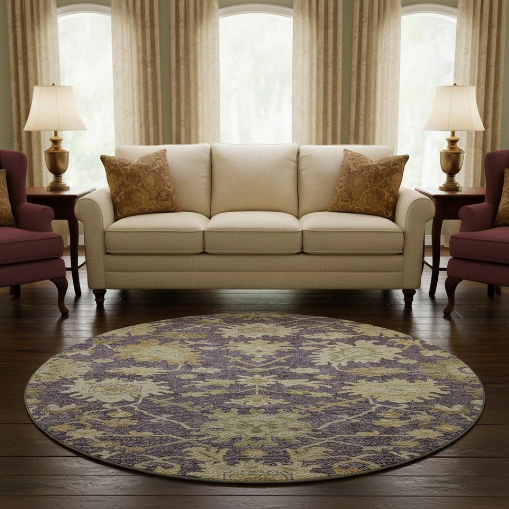 HomeRoots 8' Washable Eggplant Beige & Sage Floral Medallion Round Rug - Durable, UV Protected & Easy Care 686852