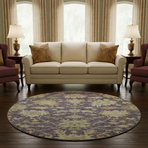 HomeRoots 8' Washable Eggplant Beige & Sage Floral Medallion Round Rug - Durable, UV Protected & Easy Care 686852
