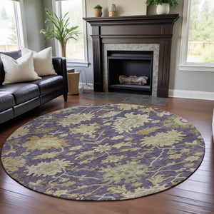 HomeRoots 8' Washable Eggplant Beige & Sage Floral Medallion Round Rug - Durable, UV Protected & Easy Care 686852