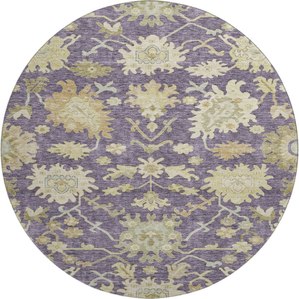 HomeRoots 8' Washable Eggplant Beige & Sage Floral Medallion Round Rug - Durable, UV Protected & Easy Care 686852
