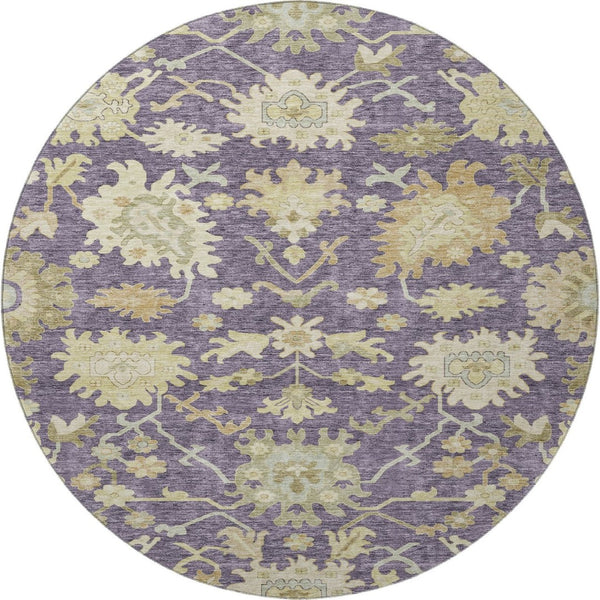 HomeRoots 8' Washable Eggplant Beige & Sage Floral Medallion Round Rug - Durable, UV Protected & Easy Care 686852