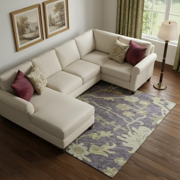 HomeRoots 9' X 12' Eggplant Beige & Sage Floral Medallion Area Rug - Washable, UV Protected, & Durable Design 686854