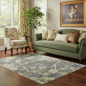 HomeRoots 5' X 8' Gray Ivory Gold Floral Medallion Area Rug - Washable, Stain-Resistant, UV Protected Design 686857