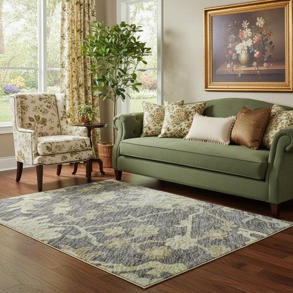 HomeRoots 5' X 8' Gray Ivory Gold Floral Medallion Area Rug - Washable, Stain-Resistant, UV Protected Design 686857