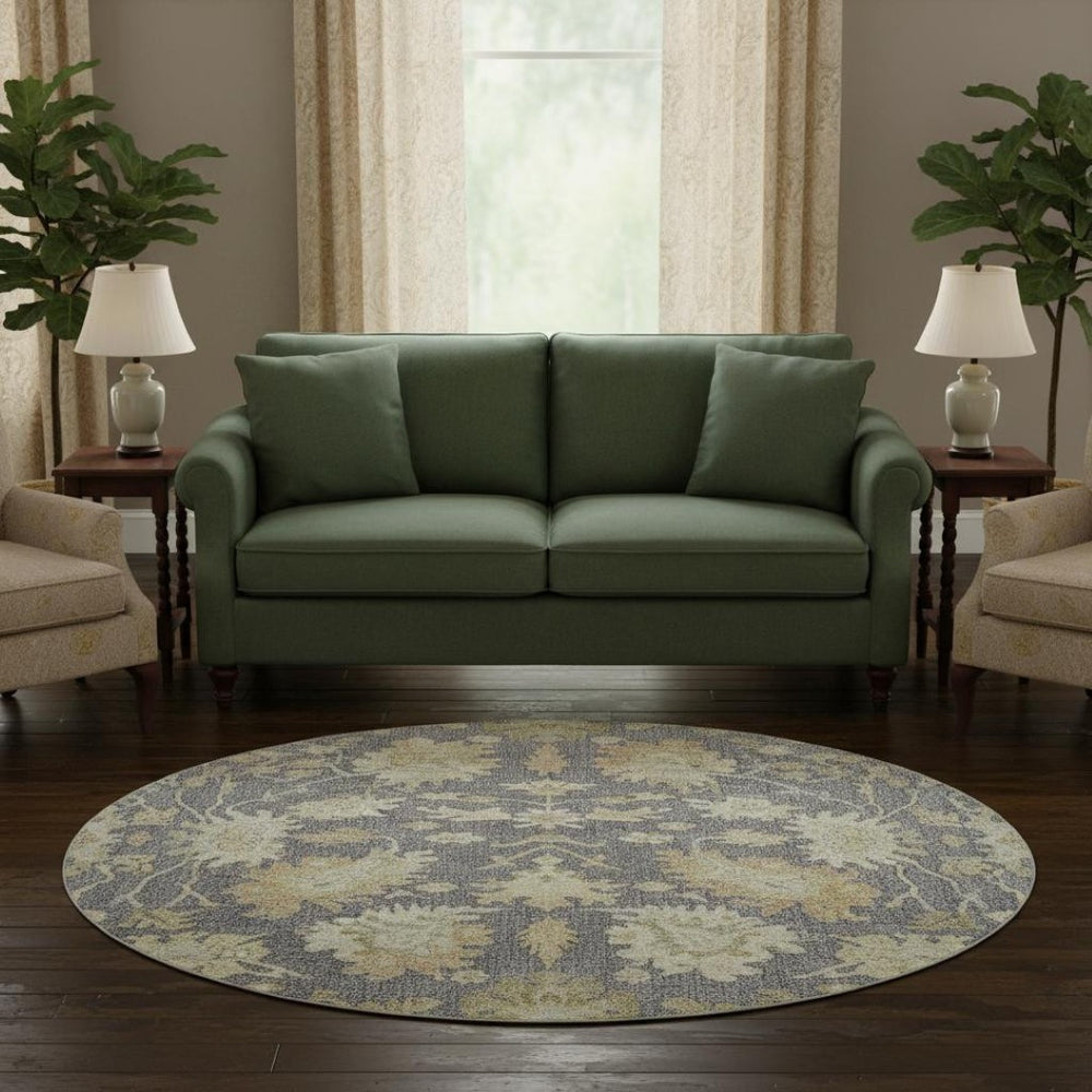 HomeRoots 8' Elegant Gray, Ivory & Gold Floral Medallion Round Rug - Machine Washable, UV & Stain Resistant! 686858