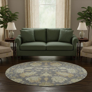 HomeRoots 8' Elegant Gray, Ivory & Gold Floral Medallion Round Rug - Machine Washable, UV & Stain Resistant! 686858